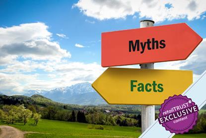 Rural signpost with myths pointing right and facts pointing left