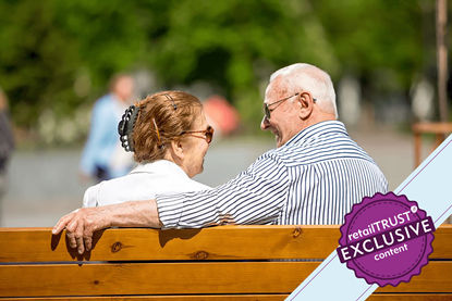 Older couple sitting on a bench laughing