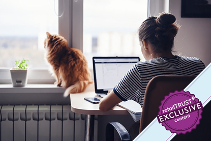 Woman sat in home at desk with cat