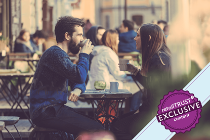 Man and woman drinking coffee in street cafe